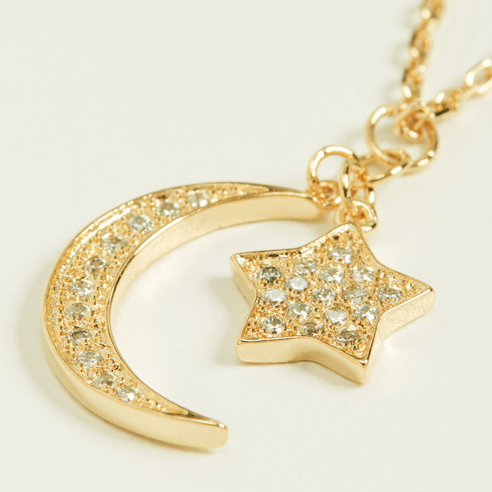 SHASHI 紐約品牌 MOON STAR 白鑽星星月亮 雙墜金色項鍊 925純銀鑲18K