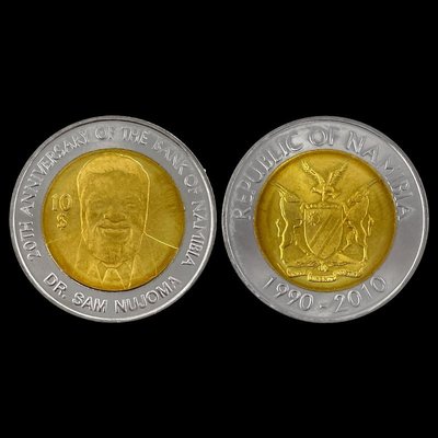 【熱賣精選】納米比亞10元 國父努喬馬 2010年獨立20周年雙色紀念幣全新 KM#21