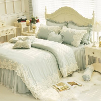 天絲床罩 加大雙人床罩 公主風床罩 可妮 豆綠色 蕾絲床罩 結婚床罩 床裙組 荷葉邊 100%天絲