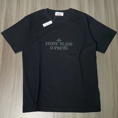 意大利制造supreme潮牌stone island聯名款22SS夏季熱壓式膠字logo黑色短袖T恤tee
