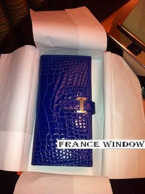 France Window Hermes 愛馬仕 電光藍鱷魚皮銀扣 Bearn長夾