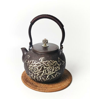 日本回流 工匠手工制 純銅錘紋銅壺燒水壺 嵌銀花卉浮雕工藝
