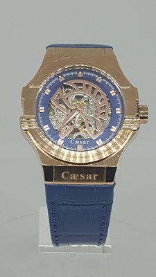 【成吉思汗精品】Casar凱撒凱薩機械錶鏤空鏡面藍色皮錶帶帶日期玫瑰金邊框型號G3211Z