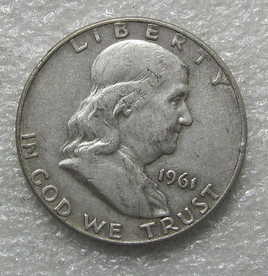 美國1961年富蘭克林自由鐘D版半美元銀幣，含銀90%，重約