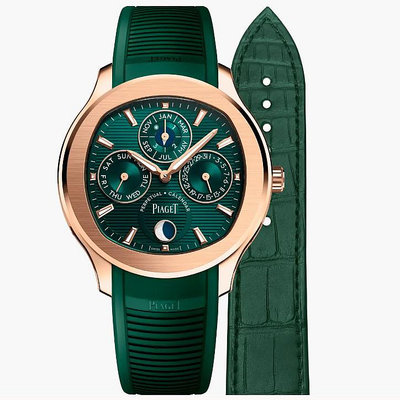 預購 伯爵錶 Piaget Polo系列 萬年曆超薄腕錶 42mm G0A48006 機械錶 18K玫瑰金 綠色面盤 綠色橡膠錶帶 男錶 女錶