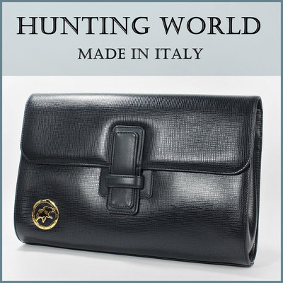 【桑園の】二手真品■ Hunting World 義大利製 ■ 真皮製 防刮方格皮紋 中性款 手拿包 T 5082