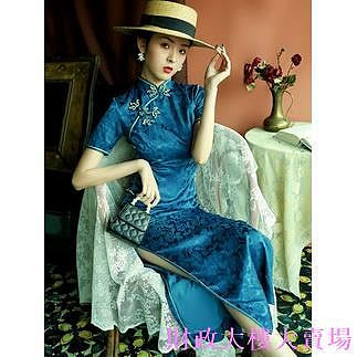 S-3XL大尺碼洋裝 藍旗袍新款復古老上海長版女日常可穿改良版中國風洋裝長裙 婚禮洋裝伴娘禮服宴會禮服表演