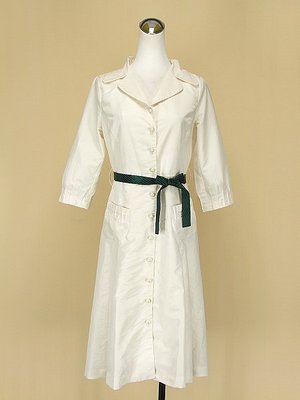 貞新二手衣 VILLE 菲磊 珍珠白v領長袖緞面洋裝F號(43336)
