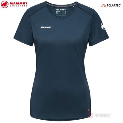 -滿3000免運-MAMMUT Sertig T-Shirt 女短袖V領排汗T恤/101700140/海洋藍/黑