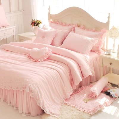 訂製 天絲床罩 標準雙人床罩 公主風床罩 可妮 粉紅色 蕾絲床罩 結婚床罩 床裙組 荷葉邊 100%天絲 tencel