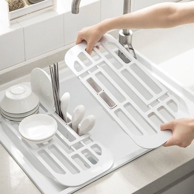 熱銷 日本可伸縮水槽碗碟盤瀝水收納架瀝水架廚房水池置物架蔬菜瀝水板~