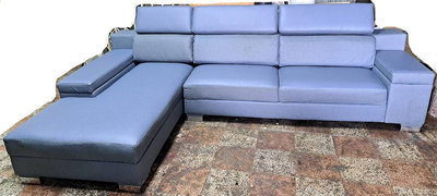 二手．透氣皮．藍色．L型沙發 (右貴妃)