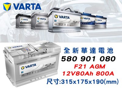 全動力-華達VARTA F21 AGM (80Ah)【580901080】歐規電池 寶馬 賓士 福斯 瑪莎拉蒂適用