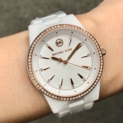 現貨 可自取 MICHAEL KORS MK6837 手錶 37mm 白面盤 玫瑰金水鑽錶圈 白色陶瓷錶帶 男錶女錶