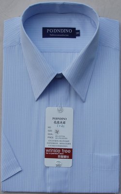 【阿信防皺襯衫】【經濟款-男短袖】貨號1046水藍色底白色直條紋短袖