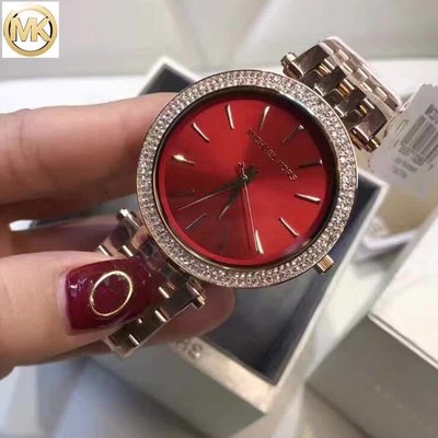 Michael Kors MK手錶鑲鑽玫瑰金色紅色面時尚女士石英手錶MK3378