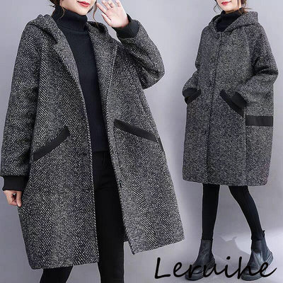 L-6XL 大尺碼外套 秋冬外套 韓版寬鬆連帽大衣女 中長款高級感毛呢外套 大尺碼外套 19PZ