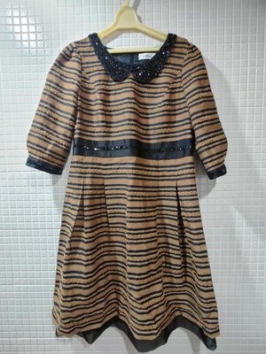 aimilan淺棕色偏黑色條紋色亮片中長洋裝 禮服 Size:L(近全新)