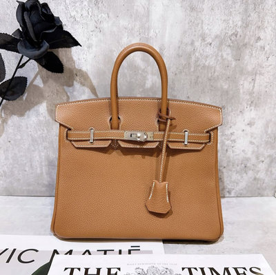 二手旗艦 愛馬仕 Hermes 金棕色 Togo牛皮 銀釦 內縫 柏金包 Birkin 25CM 手提包(中友店)