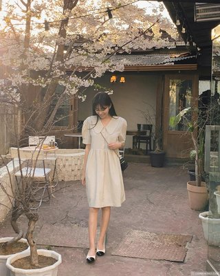 CHERRYKOKO官方授權 韓國布涼感圓弧襯衫領細褶傘狀短洋裝