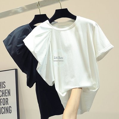 韓🍚 純棉不對稱顯瘦短袖圓領T恤『BA0360』🔻白現貨
