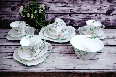 【Sunshine Antiques】Shelley - ArtDeco 綠葉 英國骨瓷下午茶杯組糖碗蛋糕盤 F.107