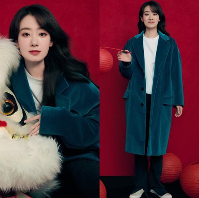 i韓國star EXJR代購2022春晚張小斐同款藍綠色絲絨大衣女中長款寬松風衣外套