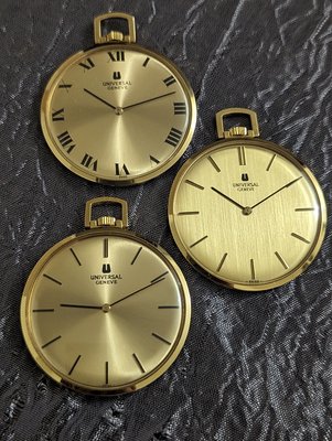 美品1960年代瑞士大停產，包K金宇宙(((UNIVERSAL GENEVE))，特殊羅馬數字錶盤，薄型手動上鍊機械懷錶