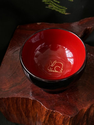 實木大漆漆器茶杯 酒杯 金箔手繪兔子 高足杯 茶杯日本大漆金