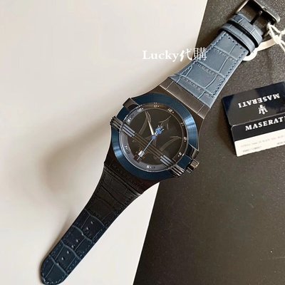 Lucky代購新品瑪莎手錶 大LOGO硬漢時尚潮流皮帶男錶深藍色防水日曆石英錶R8851108007
