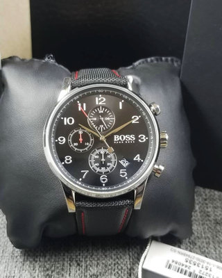 HUGO BOSS Navigator 黑色面錶盤 黑色尼龍錶帶 石英 三眼計時 男士手錶 1513535