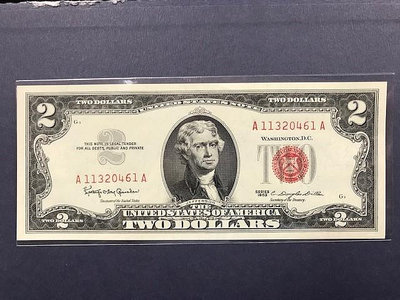 1963年 全新美金 美元 2元 紅徽雙A 紙鈔 所見即所得