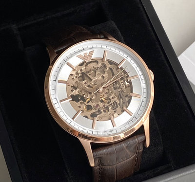 EMPORIO ARMANI 銀白色配玫瑰金色鏤空錶盤 棕色皮革錶帶 男士 自動機械錶 AR60039 亞曼尼腕錶