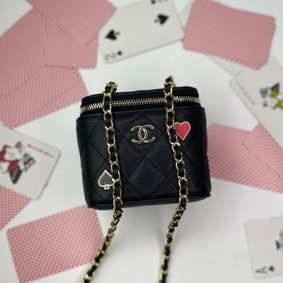 【翰貝格名牌館】全新真品 Chanel 限量 紅心 黑桃 黑色 荔枝皮 斜背 拉鍊 小方盒 化妝包 AP3078
