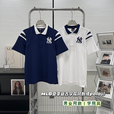 韓國潮牌MLB洋基隊刺繡學院運動POLO衫T恤 短袖Polo衫 夏季網眼透氣運動上衣翻領T恤