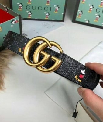 全新Gucci 米奇聯名款雙G古銅金色logo腰帶