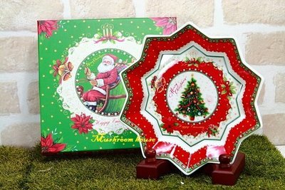 點點蘑菇屋{點心盤}義大利PALAIS ROYAL精緻9吋十角星型聖誕樹蛋糕盤 彩繪陶瓷 聖誕節