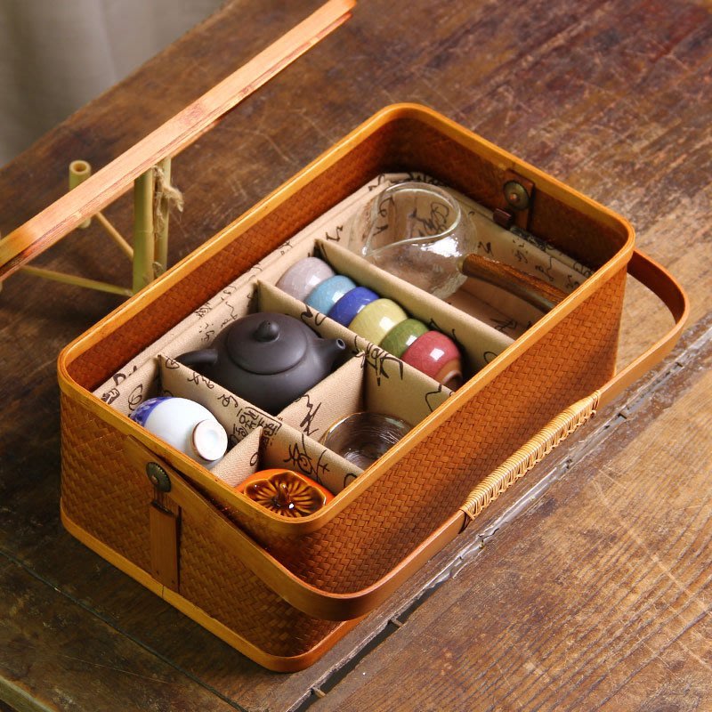 現貨茶道竹編茶具收納盒茶器收納箱戶外防塵便攜茶具盒茶具手提箱家用可 