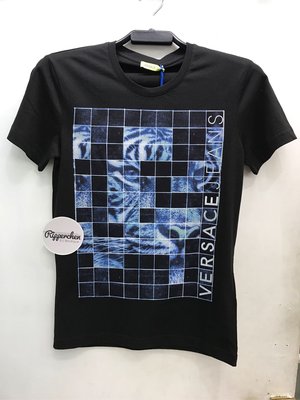 Versace jeans 黑色 方格 老虎 圖案 圓領T恤 全新正品 男裝 歐洲精品