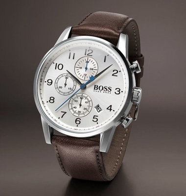 HUGO BOSS Navigator 銀白色錶盤 深棕色皮革錶帶 石英 三眼計時 男士手錶 1513495