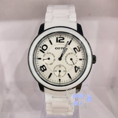 [時間達人]GOTO 躍色純粹時尚純白陶瓷手錶- 三眼手錶 星期 日期 IP黑x黑刻度(GC6106M) 白面