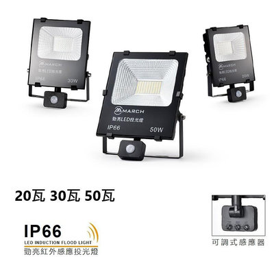 LED紅外線感應投光燈 20W 30W 50W 白光/黃光 感應投射燈 戶外防水 防水係數IP66