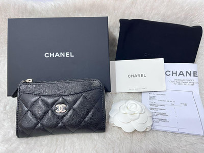 售全新Chanel 黑色荔枝金釦 L拉鏈卡包 零錢包 銀扣