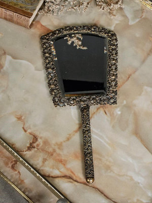法國 銅雕刻 手拿 化妝鏡 手拿鏡 化妝鏡 歐洲老件 MI0039【卡卡頌  歐洲古董】✬
