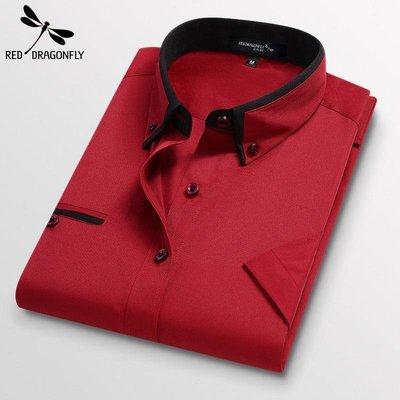 【超夯】紅蜻蜓2021年休閒襯衫男士夏季純色商務短袖襯衣修身款正韓潮流上衣