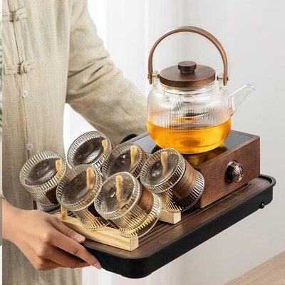 I6F9憶壺茶胡桃木電陶爐小型煮茶器新款玻璃蒸煮茶壺燒水壺煮茶爐