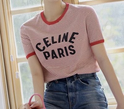 【妖妖代購】Celine 新款植絨字母條紋短袖T恤