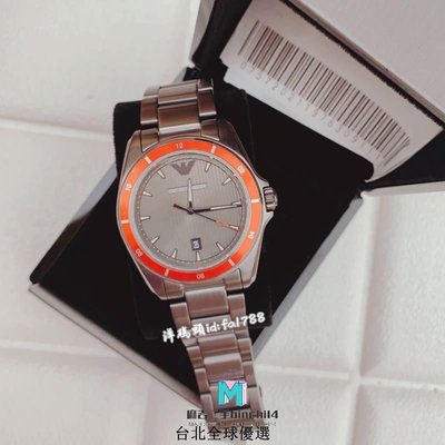 【二手】ARMANI 阿曼尼男錶 AR11178 直紋日曆鐵灰色大錶盤 橘色錶框 時尚潮流商務石英腕錶 新款