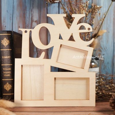 小木器-LOVE 三連相框~~蝶古巴特 餐巾紙拼貼 彩繪 黏土DIY手作材料