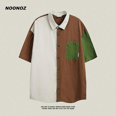 威登服裝城 NOONOZ美式潮牌撞色拼接短袖襯衫男夏季寬松設計感街頭情侶bf襯衣 NX4424